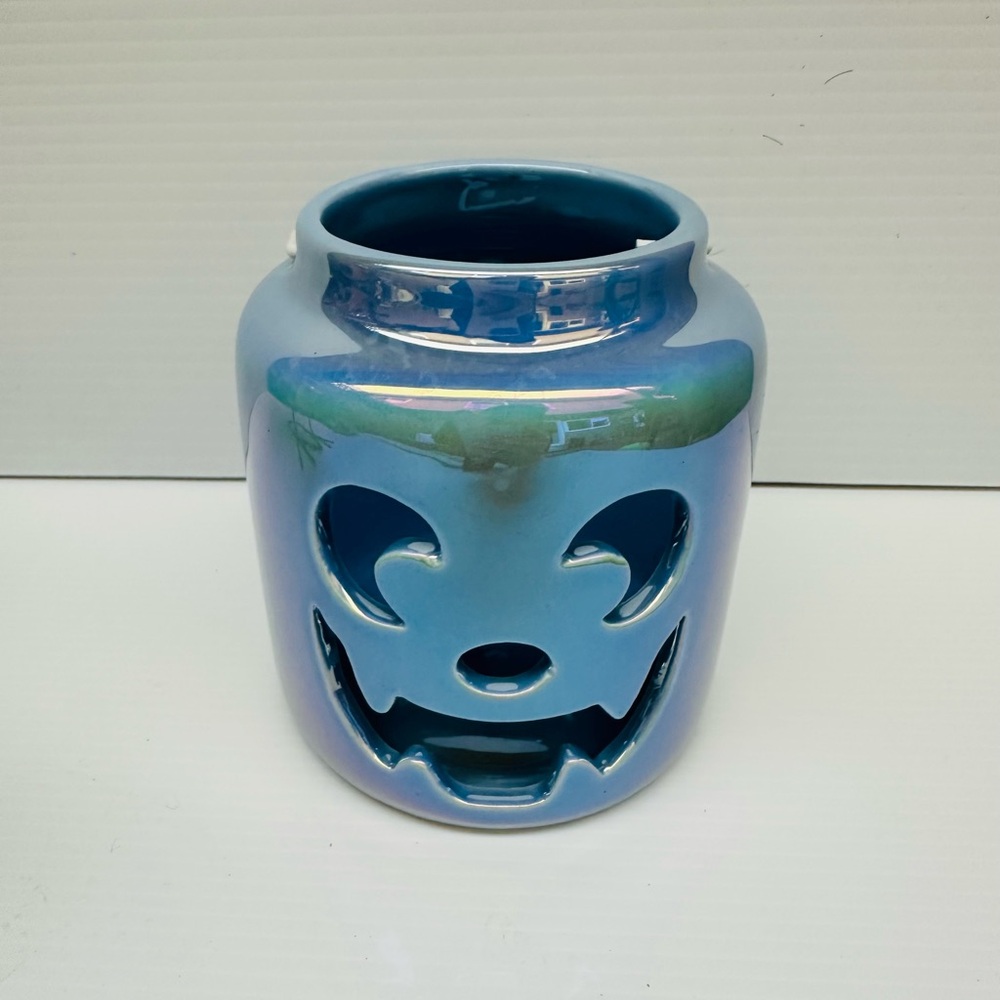 Halloween Blue Iridescent Jack O' Lantern Ceramic Candle Holder